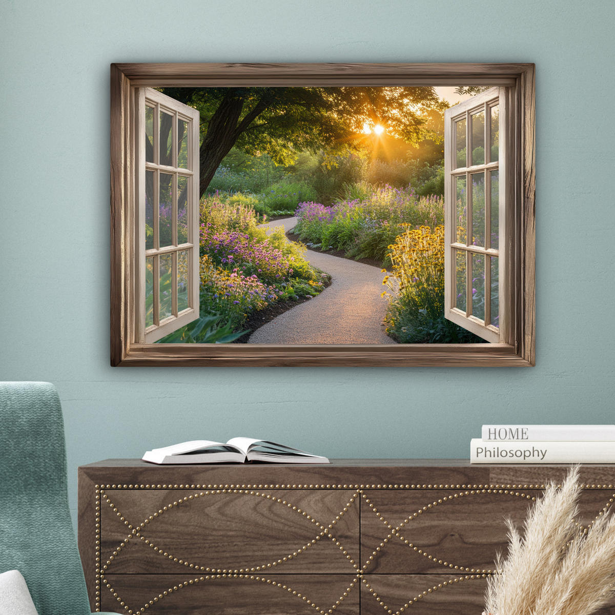 LEINWANDBILD Aussicht - Blumen - Natur - Sonne - Weg Wandbilder 80x60 cm - Hellgelb, Textil (80/60cm) - MuchoWow