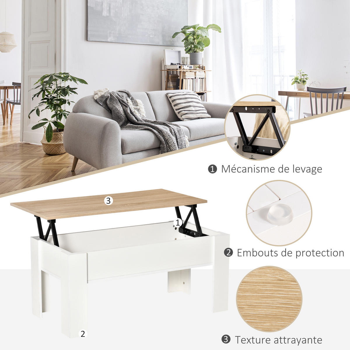 COUCHTISCH DE-15799 klappbare Platte Weiß - Weiß, Holzwerkstoff (100/50/45cm) - ComfortXL