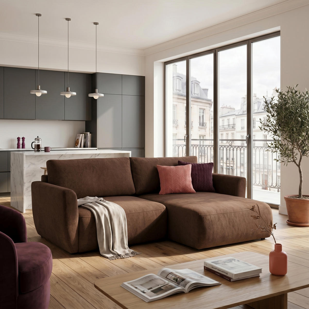 ECKSOFA BELLA L Rechts mit Schlaffunktion 140x205 Velours Rostbraun - Rostfarben/Schwarz, Holz/Kunststoff (165/230cm) - Muffo