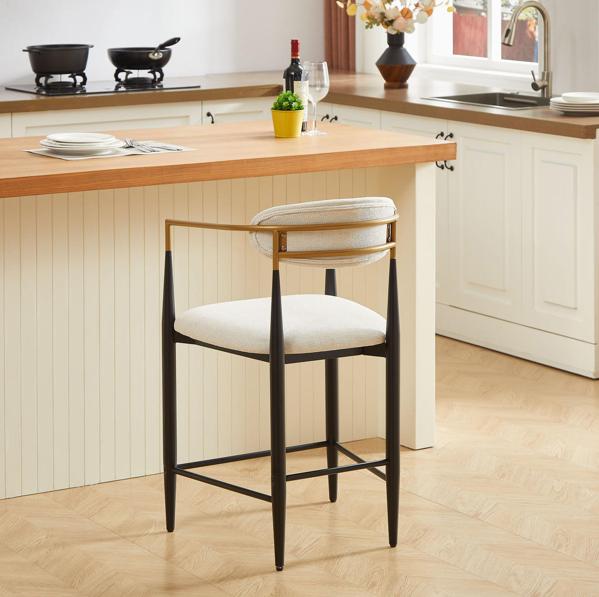 BARHOCKER mit Armlehnen 2er-Set Stoff Beige Schwarz-Gold - Schwarz, Metall (55/94/59cm) - Meubliv