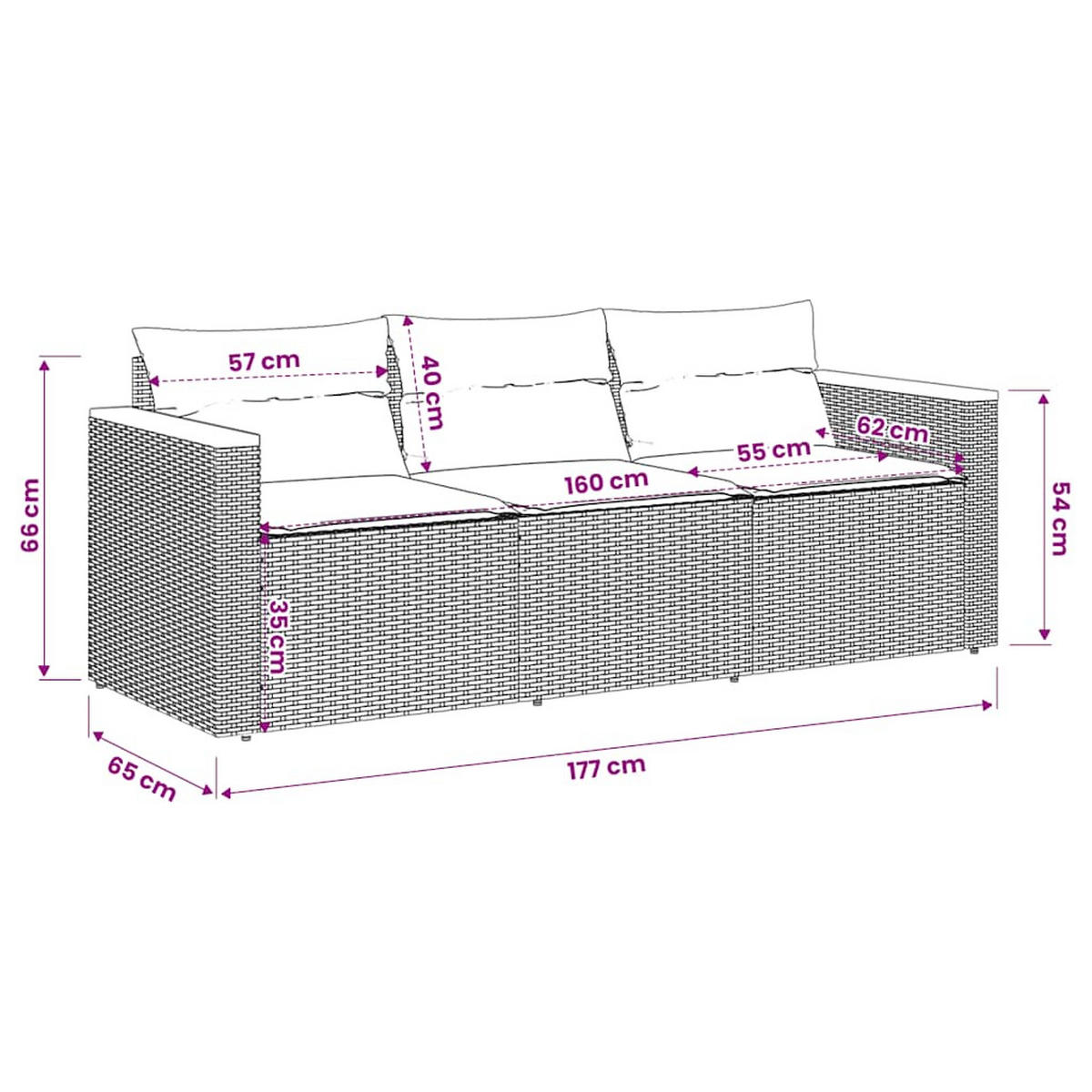 GARTENSOFA Mit Kissen 3-Sitzer Beige Poly Rattan - Beige, Kunststoff (177/66/65cm) - vidaXL