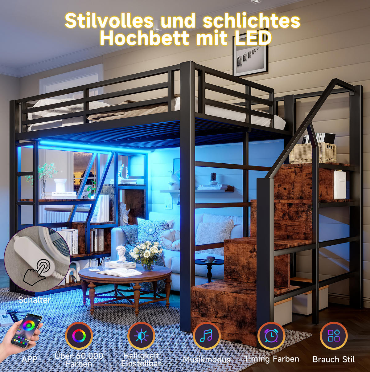 HOCHBETT 140/200 cm in Schwarz – mit Stauraumtreppe, Rausfallschutz und LED - Schwarz, Holzwerkstoff (140/200cm) - BEAOK