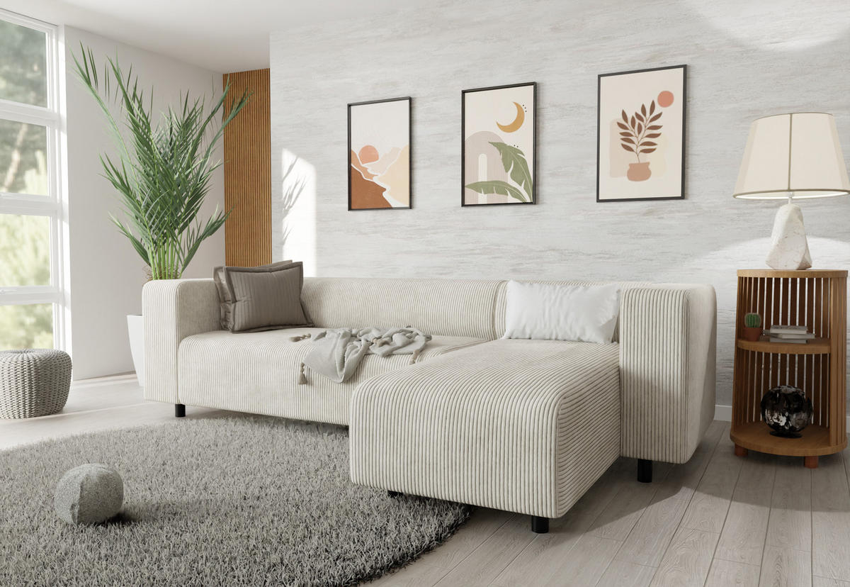 ECKSOFA Tove Beige Cord - Ottomane rechts - Beige/Schwarz, Holz/Kunststoff (240/142cm) - S-Style Möbel