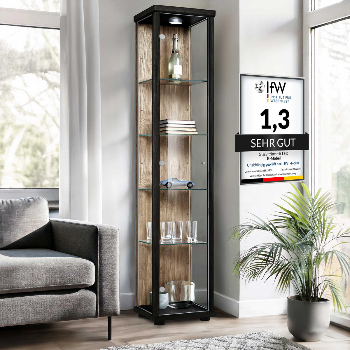 GLASVITRINE 33/37/176 cm mit LED & 4 höhenverstellbaren Glasböden - Transparent/Silberfarben, Glas/Holzwerkstoff (37/176/33cm) - K-Möbel
