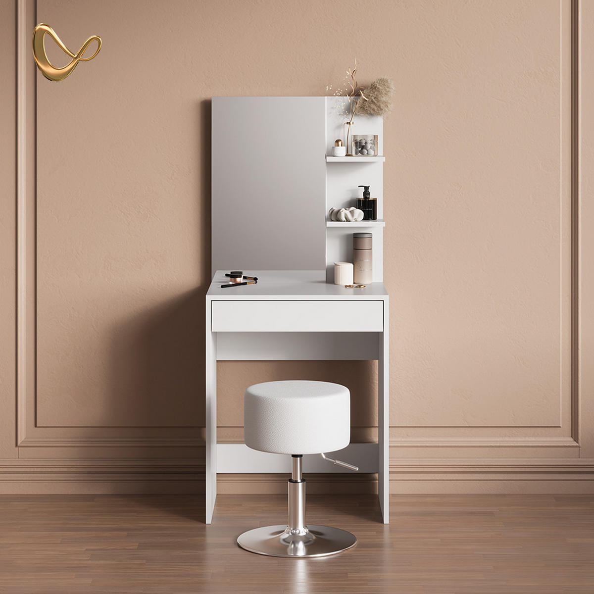 SCHMINKTISCH Nola Weiß 60 cm mit Hocker - Weiß, Holzwerkstoff (60/140/40cm) - Livinity®