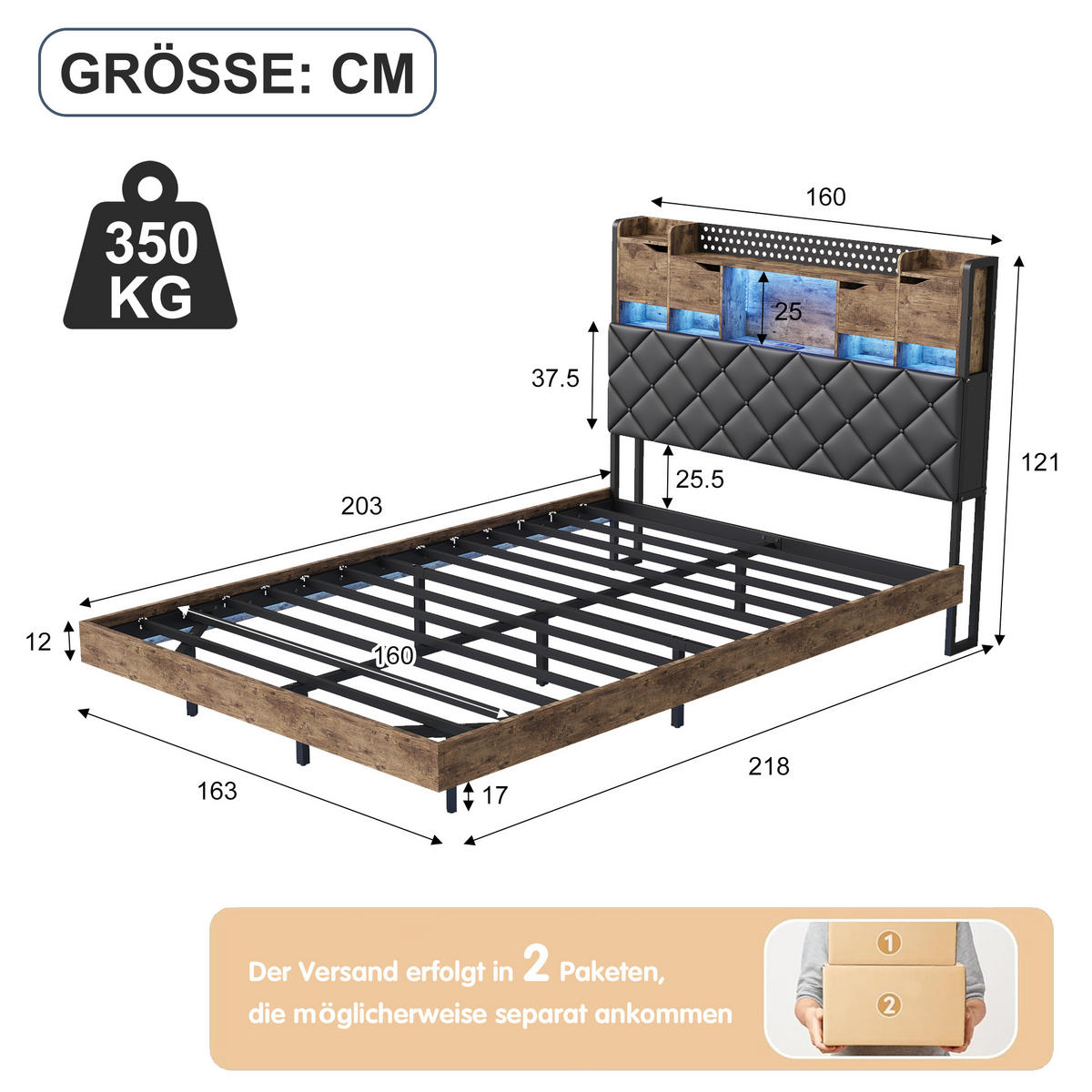 POLSTERBETT 160x200 cm mit LED & USB, Doppelbett mit Kopfteil Stauraum, Schwebebett Holzoptik Metall - Schwarz, Metall (160/200cm) - EuroLiving