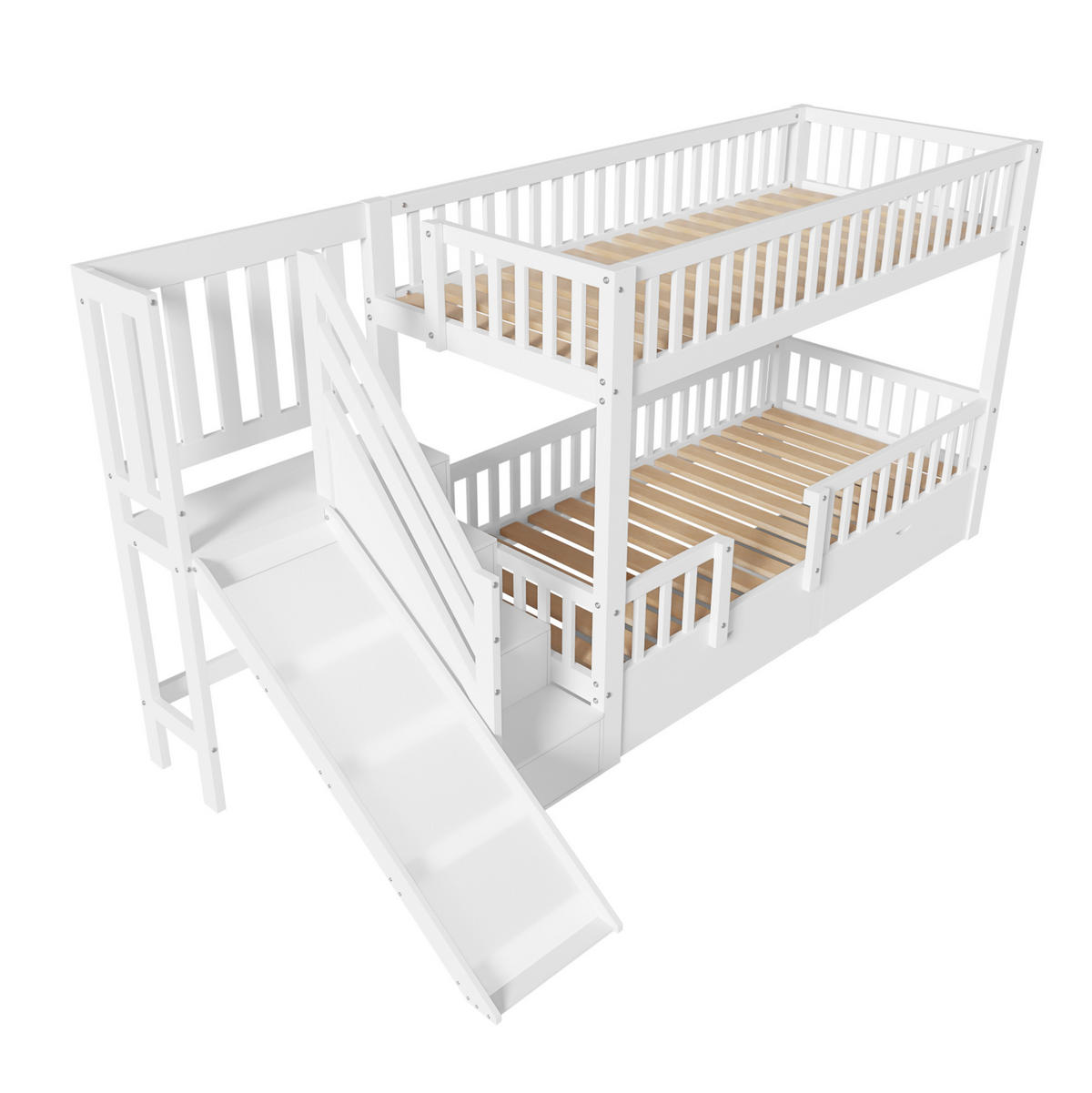 ETAGENBETT 90/200 cm in Weiß mit Rutsche, Treppe und 2 Schubladen - Weiß, Holz (90/200cm) - BEAOK