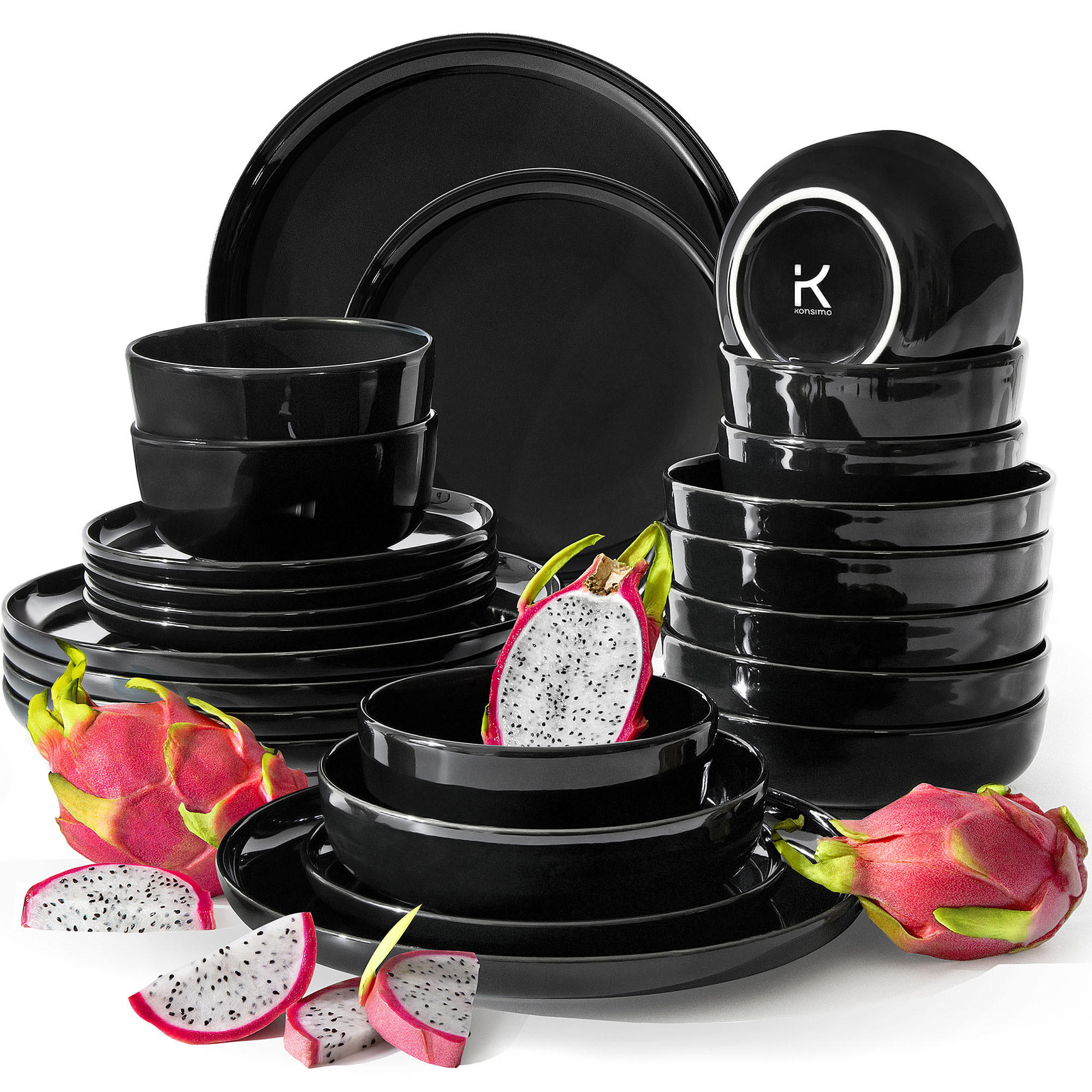 KOMBISERVICE VICTO 6 Personen 24-tlg - Schwarz Hochglanz, Keramik (27/2/27cm) - KONSIMO®