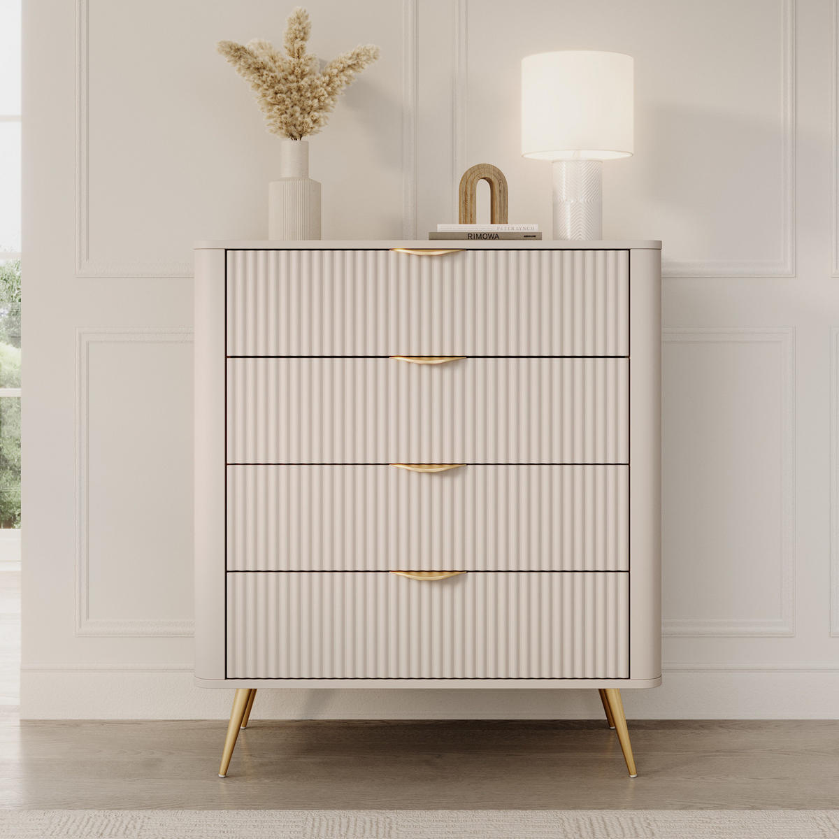 KOMMODE Flore 88 cm Beige / Gold - mit 4 geriffelten Schubladen - Beige/Gelb, Holz/Holzwerkstoff (88/101/38cm) - Ravio