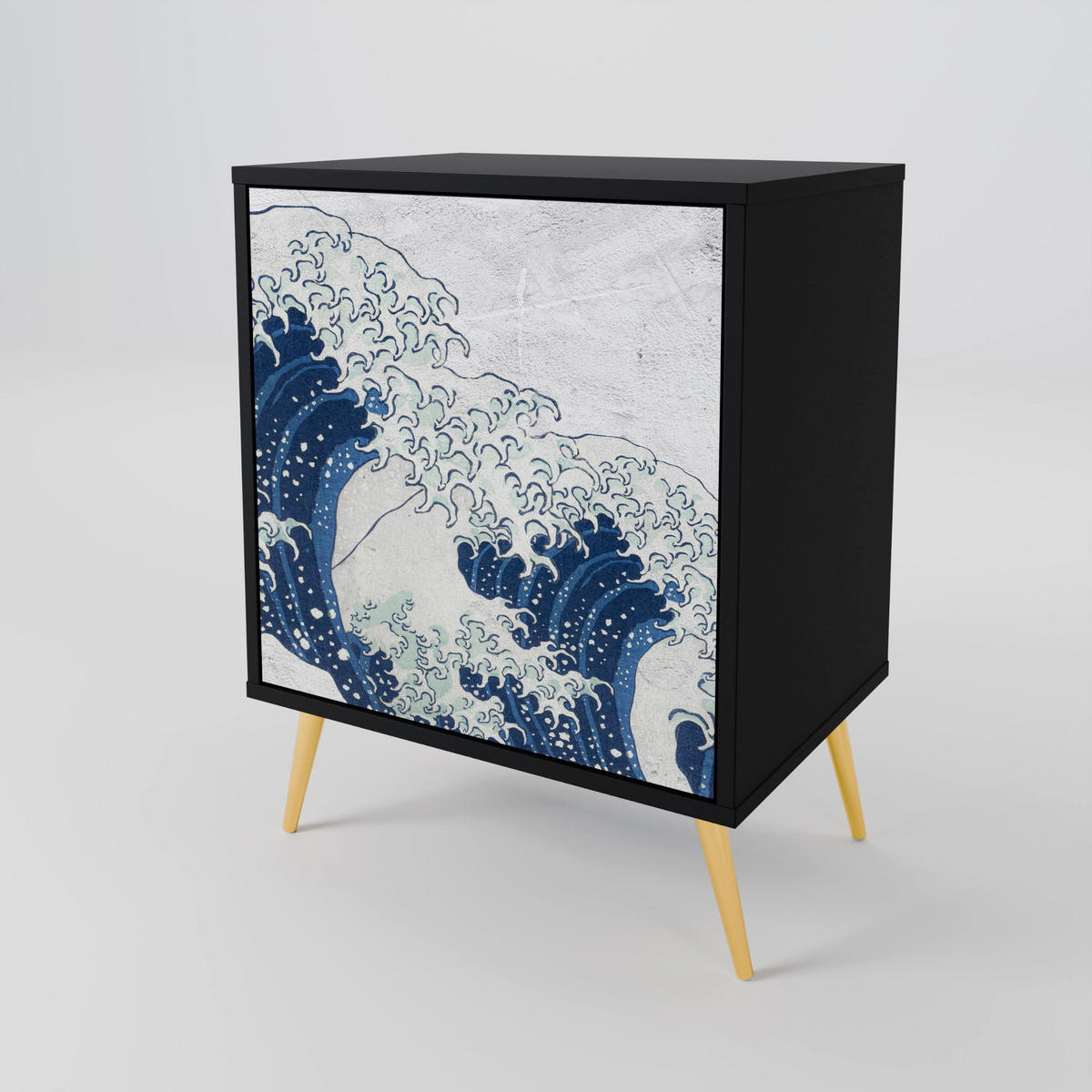 SIDEBOARD THE GREAT WAVE AT KANAGAWA, Schwarz, 57,5x42x70,5 cm, Schwarze Metall-Sternfüße - Multicolor/Schwarz, Holzwerkstoff/Metall (57.5/70.5/42cm) - SpaceRebels