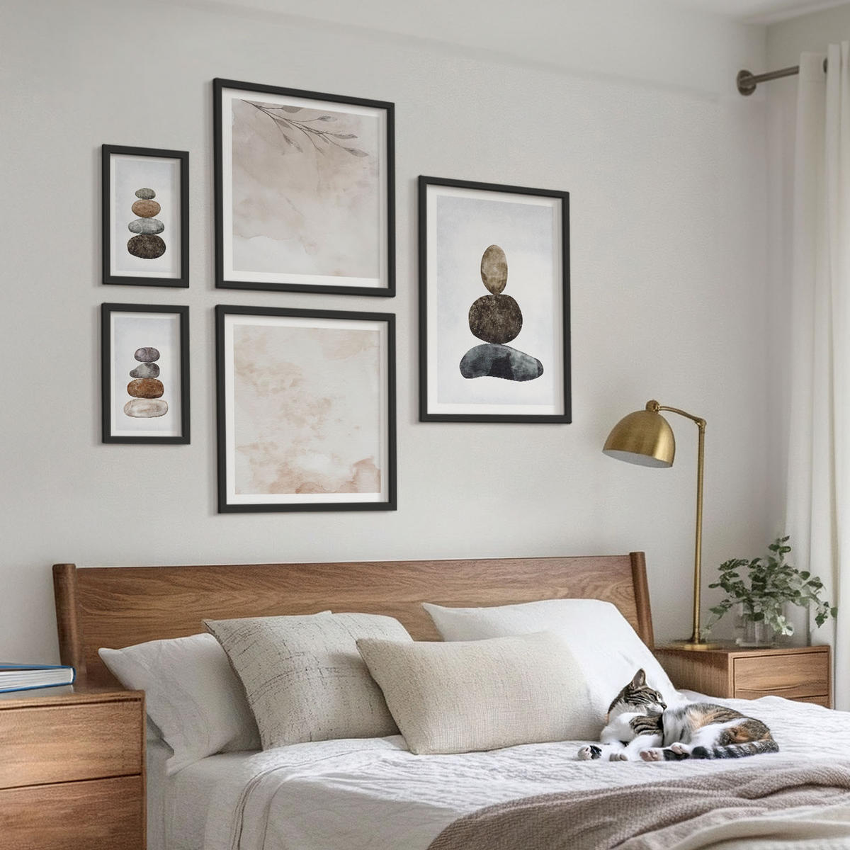 BILDER SET 5er Set - 50x50 cm & 20x30 cm & 40x60 cm Schwarzer Rahmen - Steinstapel-Boho-Malerei - Schwarz, Kunststoff (40/60cm) - TULUP