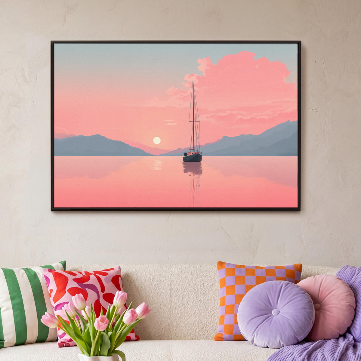 LEINWAND Bilder mit Rahmen - Segelboot - Rosa Meer - Sonnenuntergang - Berge - 90x60 - Rosa, Textil (90/60cm) - OnlyWow