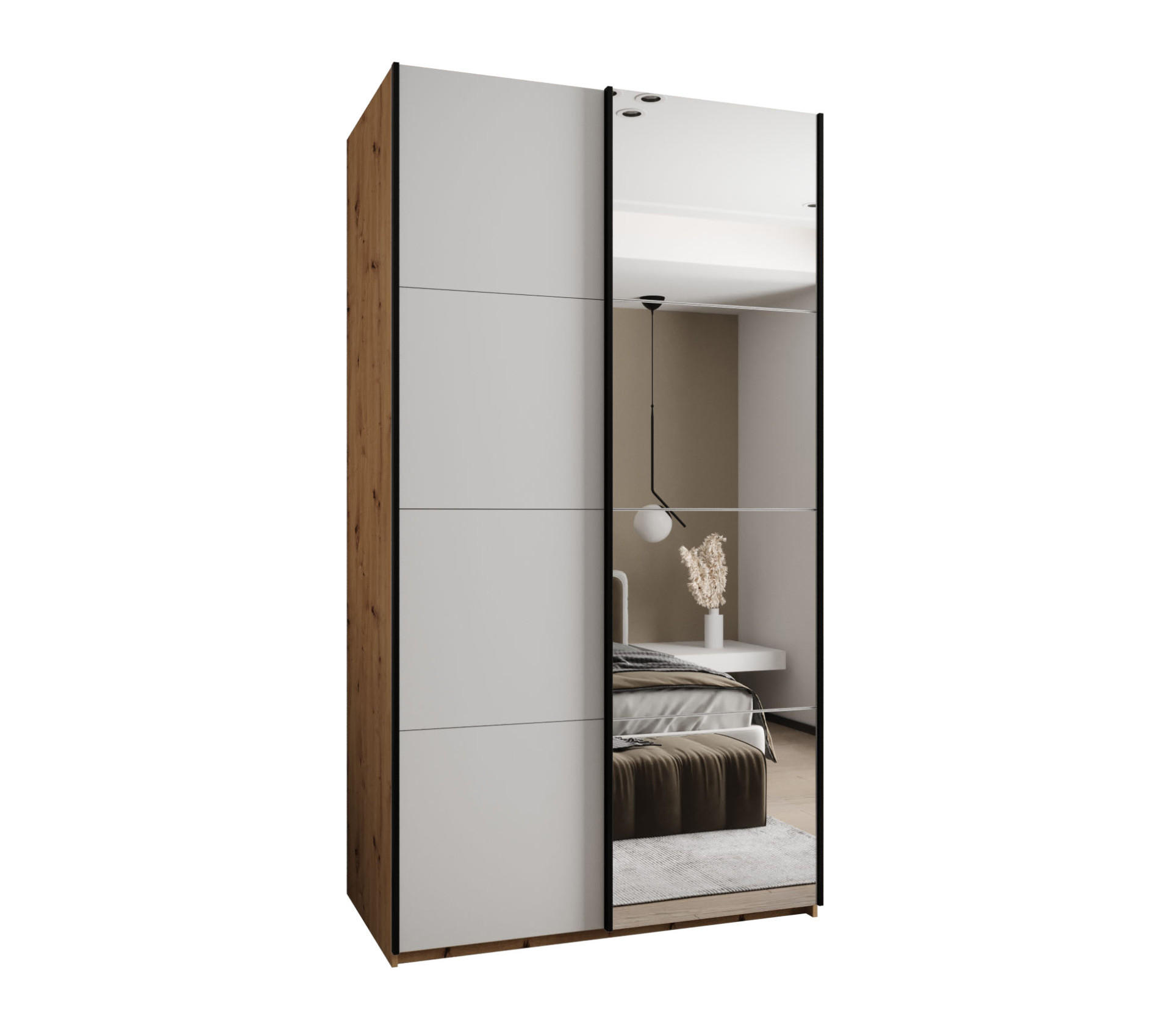 Abiks Möbel Schwebetürenschrank Eiche Artisan, Weiß, Schwarz 140x245x64 cm
