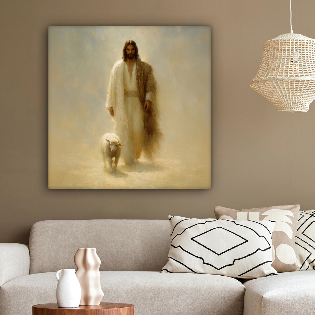 LEINWANDBILD Schaf - Jesus - Pinselstriche - Abstrakt Deko Groß 90x90 cm - Sandfarben, Textil (90/90cm) - MuchoWow