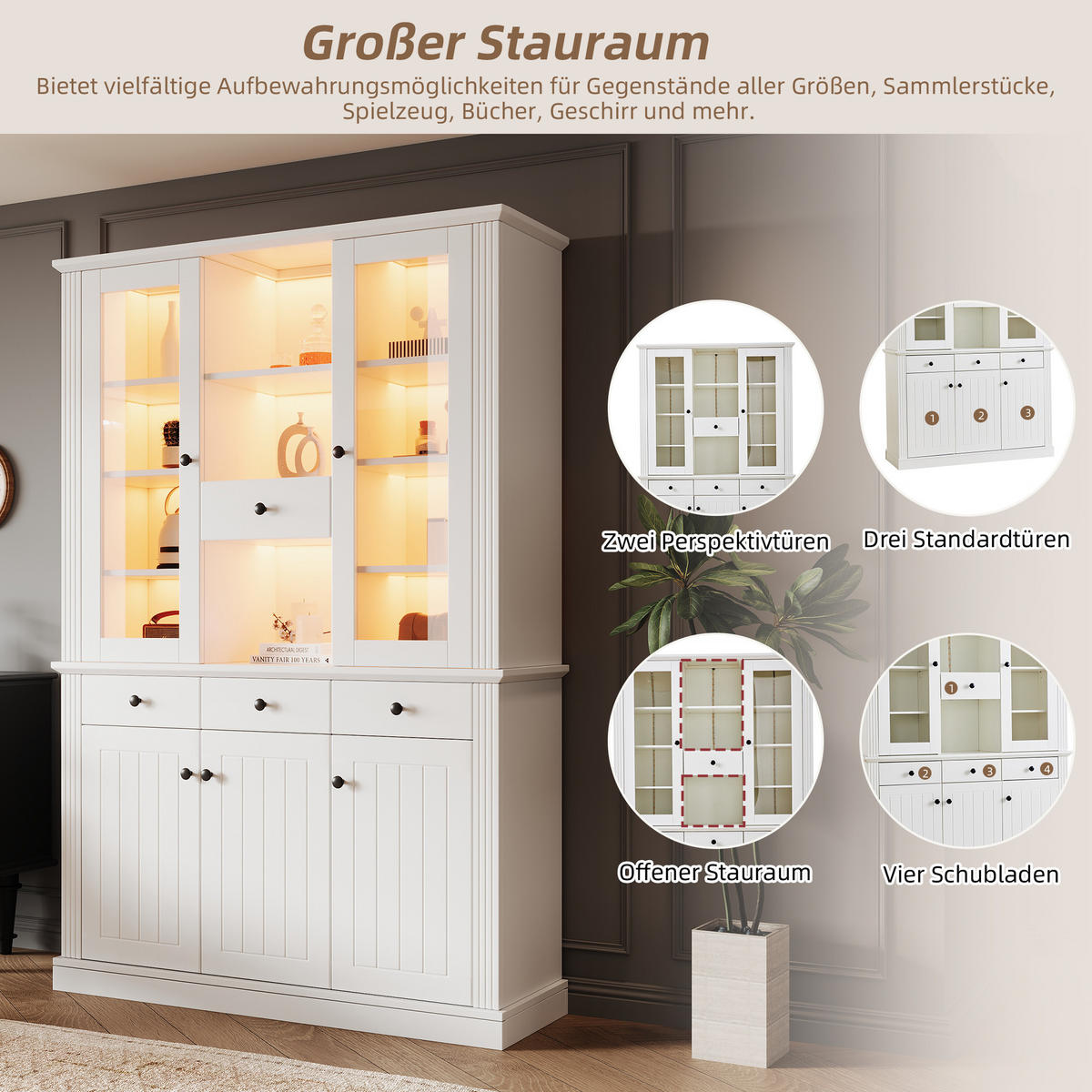 VITRINE 119,5x40x180 cm Weiß mit LED und 4 Schubladen - Weiß, Holzwerkstoff (119.5/180/40cm) - FLIEKS