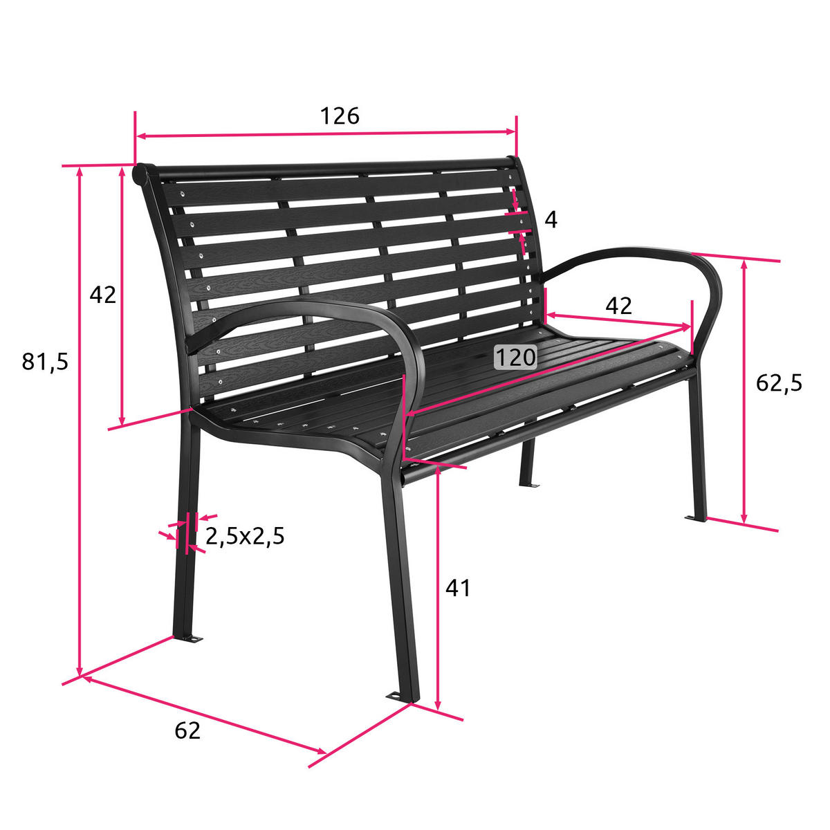 GARTENBANK Pino,126 x 62 x 81,5 cm,schwarz - Schwarz, Metall (62/81.5/126cm) - tectake
