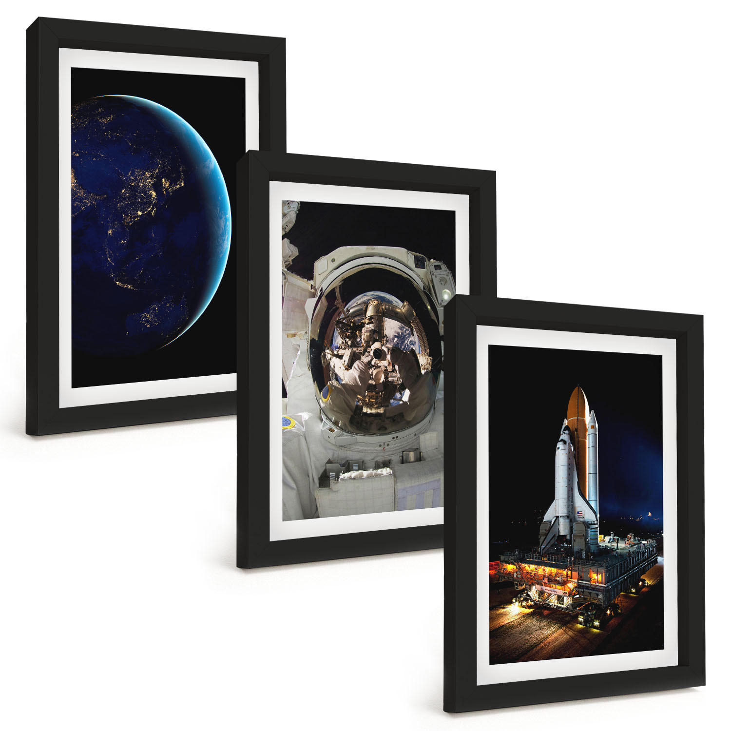 BILDER SET 3er Set - 20x30 cm Schwarzer Rahmen - Weltraum Erde Astronaut Rakete - Schwarz, Kunststoff (20/30cm) - TULUP