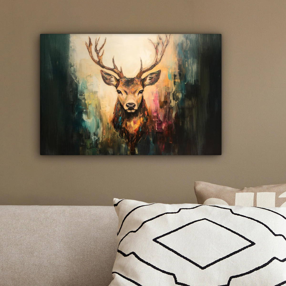 LEINWANDBILD Hirsch - Gemalt - Geweih - Braun 30x20 cm - Haselnussfarben, Textil (30/20cm) - MuchoWow