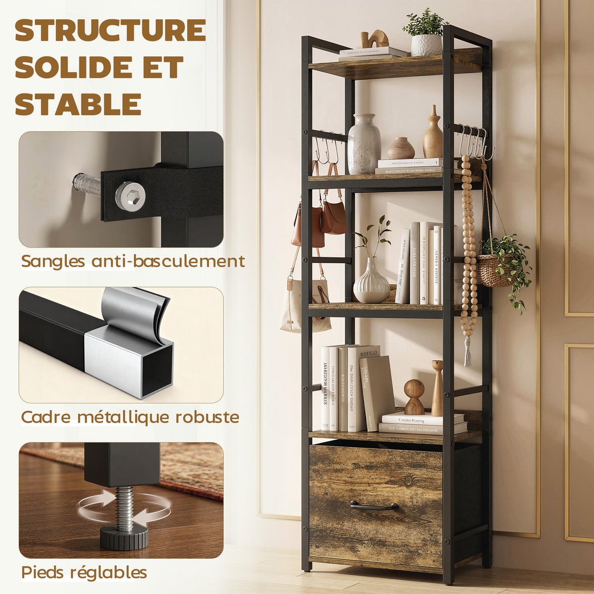 REGAL DE-15566 4 Ebenen + 1 Schublade + 8 Haken Rustikalbraun - Braun, Holzwerkstoff (39/136.5/26cm) - ComfortXL