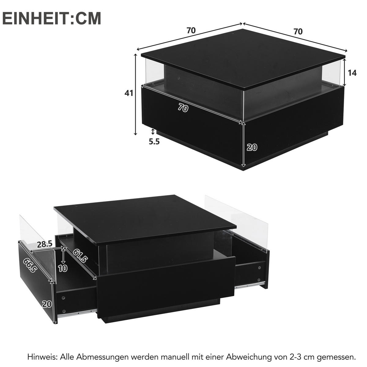 COUCHTISCH aus Spanplatte 70x70x41 cm in Schwarz mit LED & 2 Schubladen - Schwarz, Holzwerkstoff (70/70/41cm) - Modfu