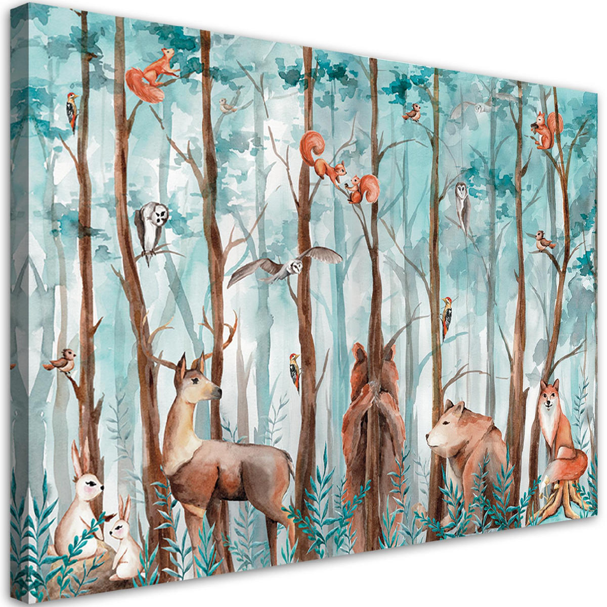 WANDBILD Waldtiere Hirschbär Fuchs - Türkis, Textil (90/60cm) - Feeby
