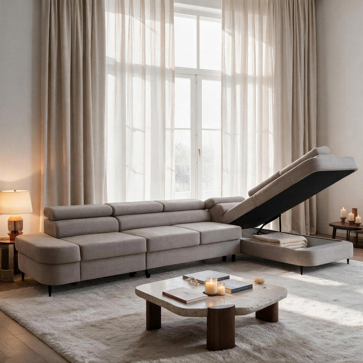 ECKSOFA PRIAM MAXI L-Form Rechts mit Schlaffunktion 125x195 Velours Beige - Beige/Schwarz, Holz/Textil (350/203cm) - Muffo