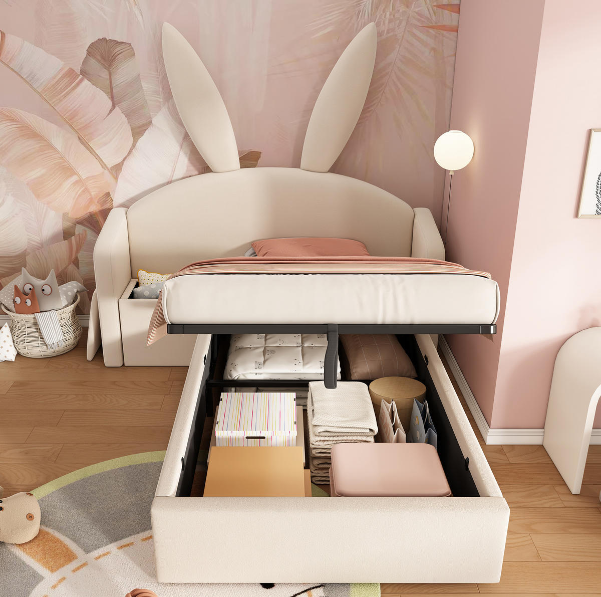 POLSTERBETT 90/200 cm Beige aus Samt mit Bettkasten und Nachttisch - Beige, Textil (90/200cm) - OKMYHOME