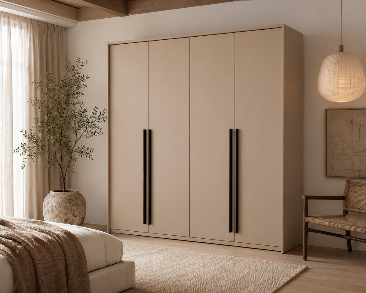 KLEIDERSCHRANK: Sandbeige / Griffe Silber, 210 x 65 x 217,2 cm - Sandfarben/Silberfarben, Holzwerkstoff (210/217.2/65cm) - 3XE LIVING