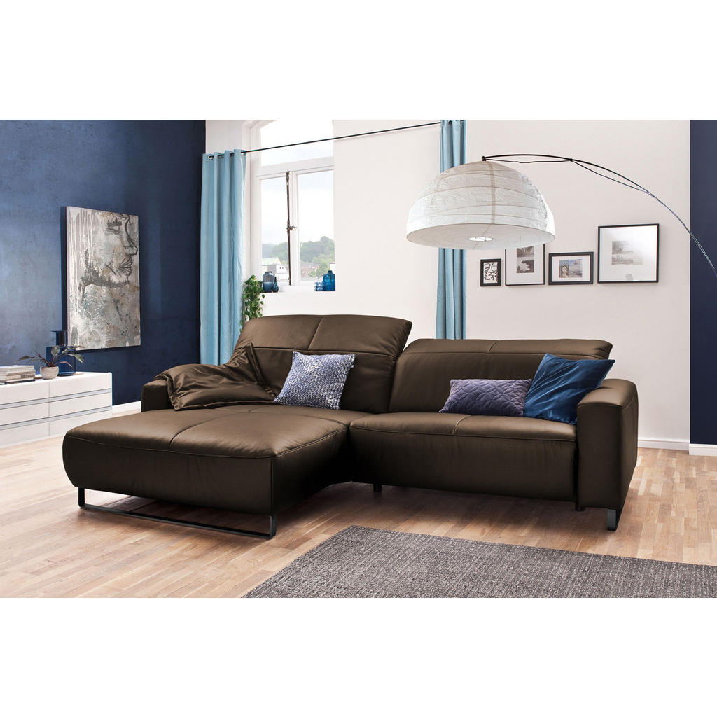 Thumbnail - Kawola Ecksofa, Walnuss, Schwarz, Leder, Echtholz, 3-Sitzer, Füllung: Komfortschaum, Ottomane links, L-Form, 284x180 cm,...