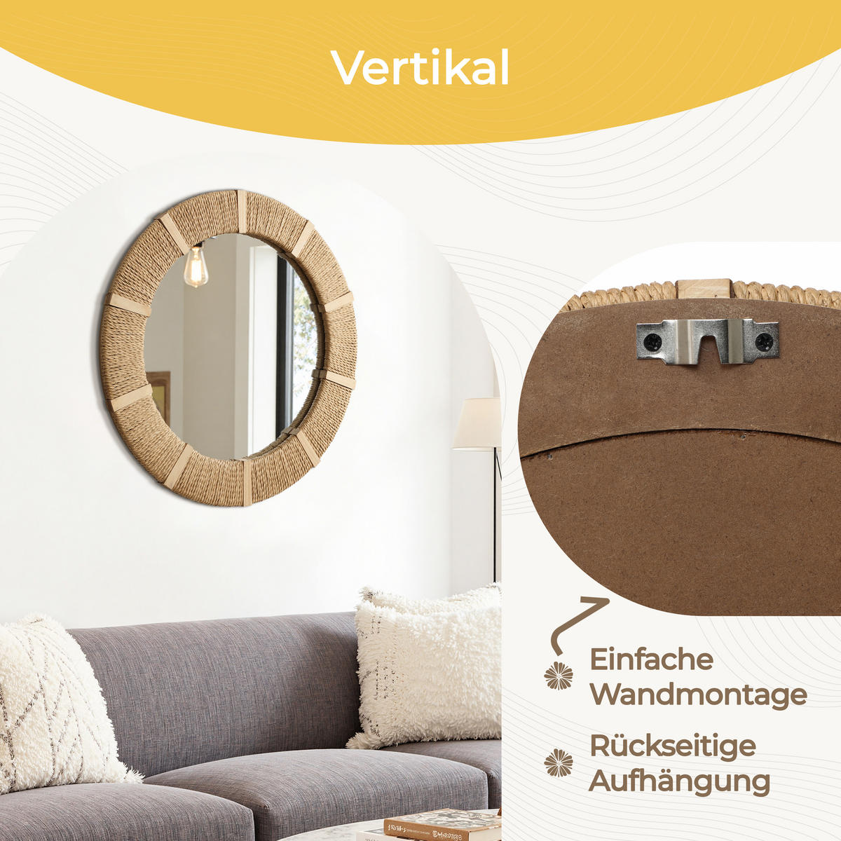 53CM Runder Wandspiegel mit Rahmen aus Tannenholz und Papierkordel Geeignet für Badezimmer, Wohnzimmer, Schlafzimmer usw. - Hellbraun/Beige, Glas/Holz (53/3/53cm) - Hometopia