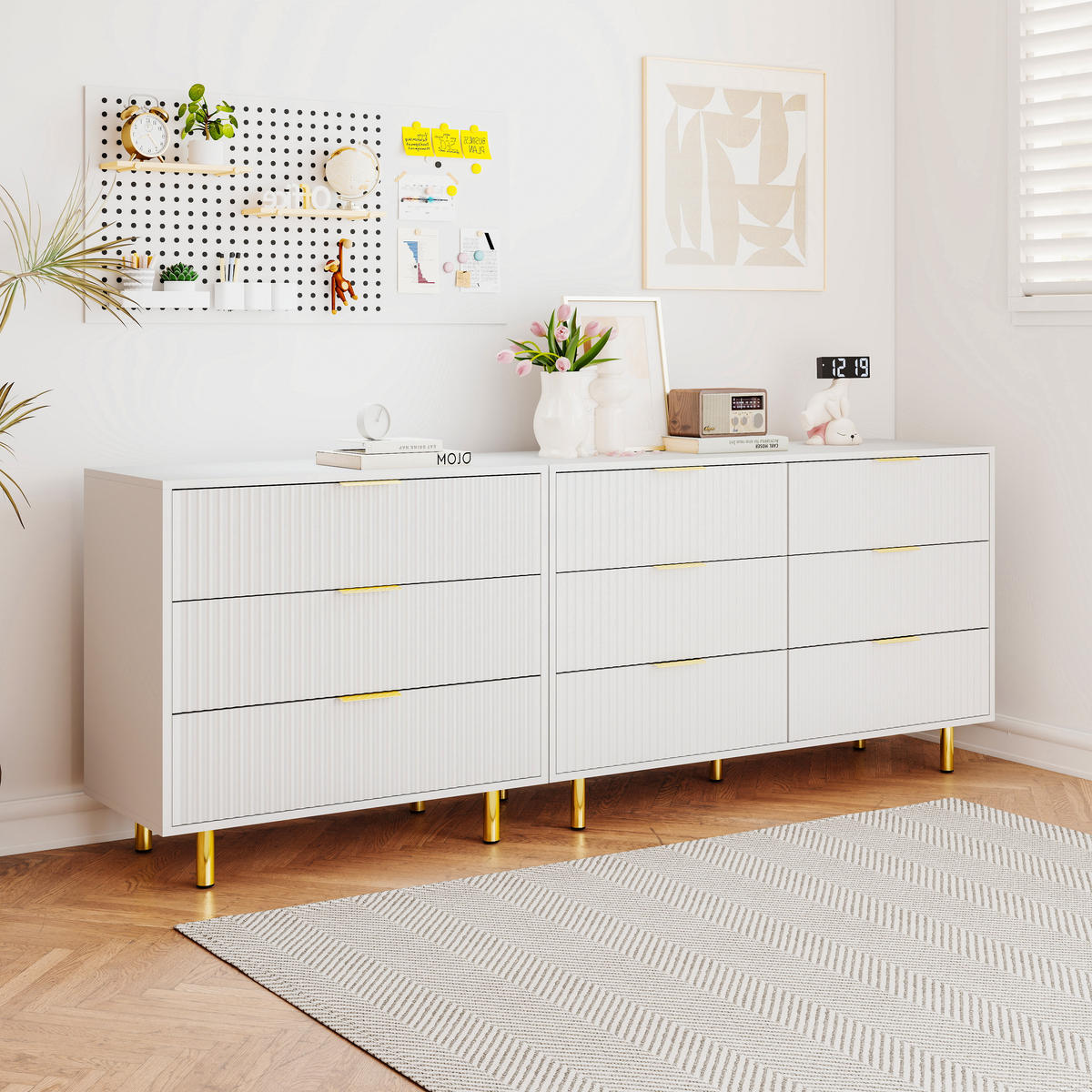 SIDEBOARD aus MDF 200x40x72 cm Weiß mit 9 Schubladen, modularer Aufstellung und goldfarbenen Metallbeinen - Weiß, Holzwerkstoff (200/72/40cm) - Modfu