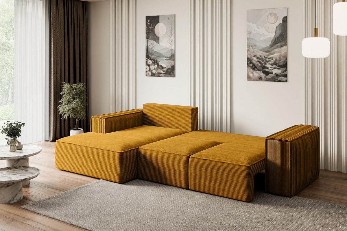 ECKSOFA mit Schlaffunktion und Bettkasten SERRA-L-S - 266x161x87 cm Senfgelb Cord - Currygelb/Schwarz, Holzwerkstoff/Kunststoff (266/161cm) - ALTDECOR