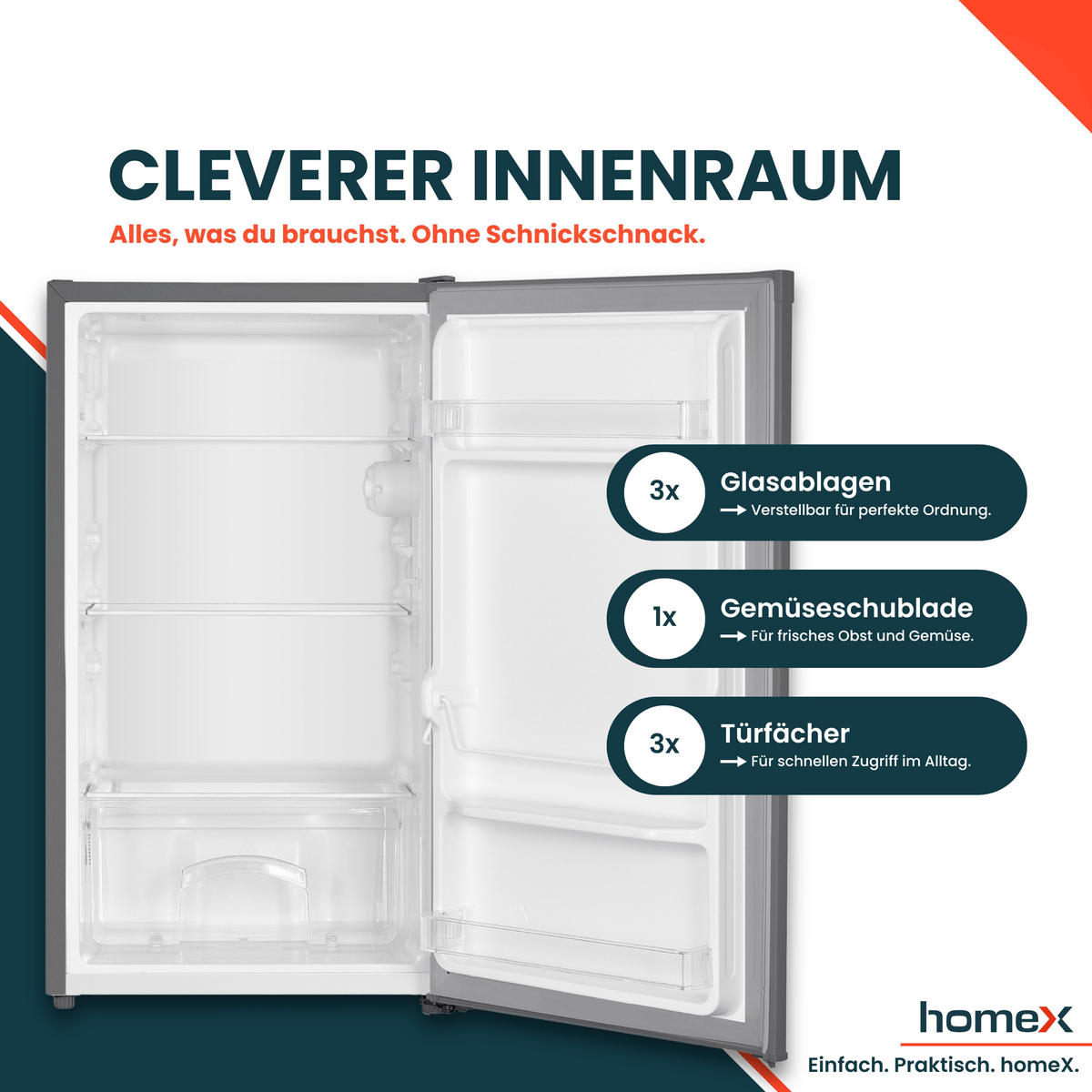 KÜHLSCHRANK CS0881-S ohne Gefrierfach klein - 90L Nutzinhalt, freistehend, kompakt, silber - Silberfarben, Glas/Kunststoff (47.5/85/44.5cm) - homeX