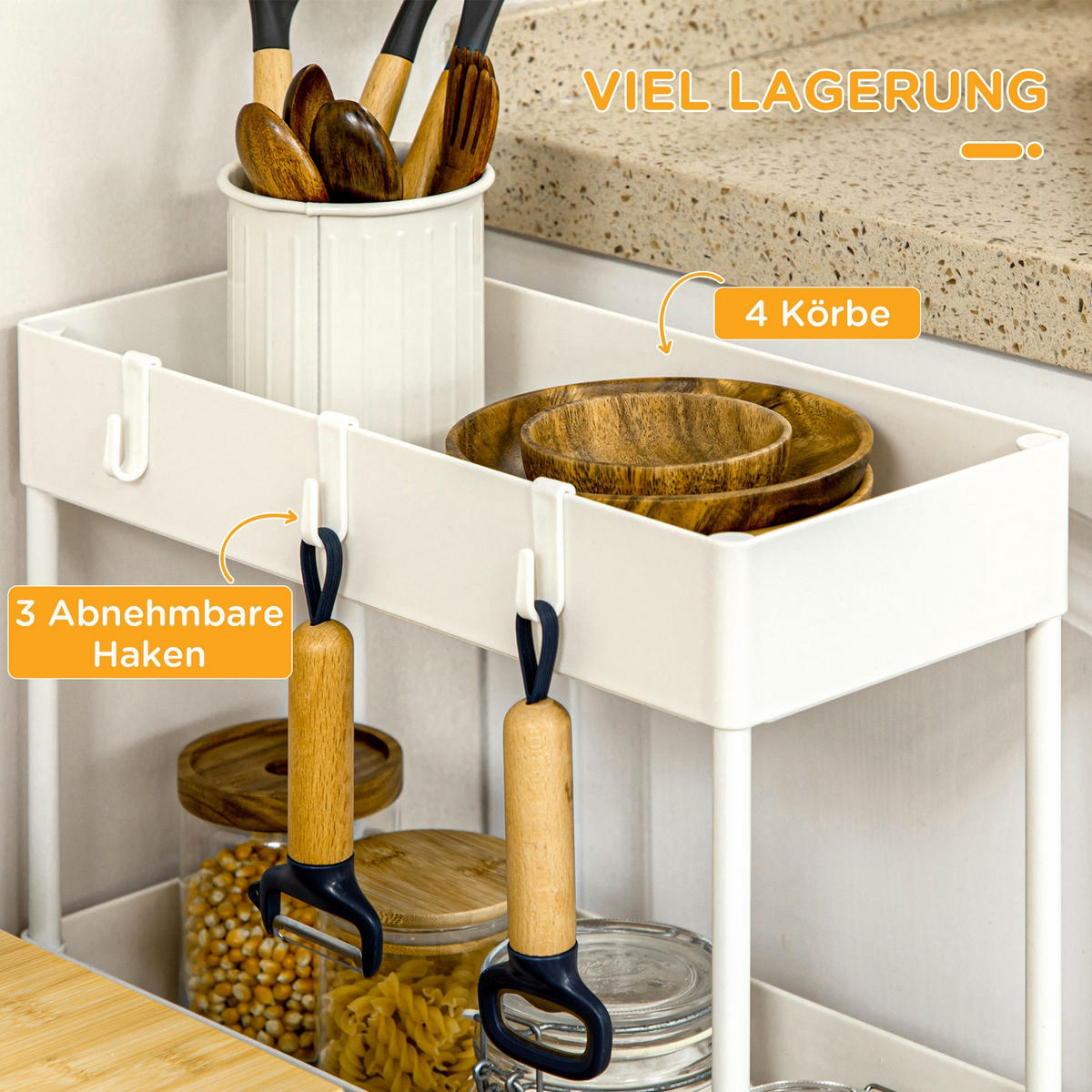 KÜCHENWAGEN 4 Ebenen, Nischenwagen Schmal 19 Cm, MIT BREMSEN, Für Bad Und Küche - Weiß, Holzwerkstoff (19/90/40cm) - Rolipo