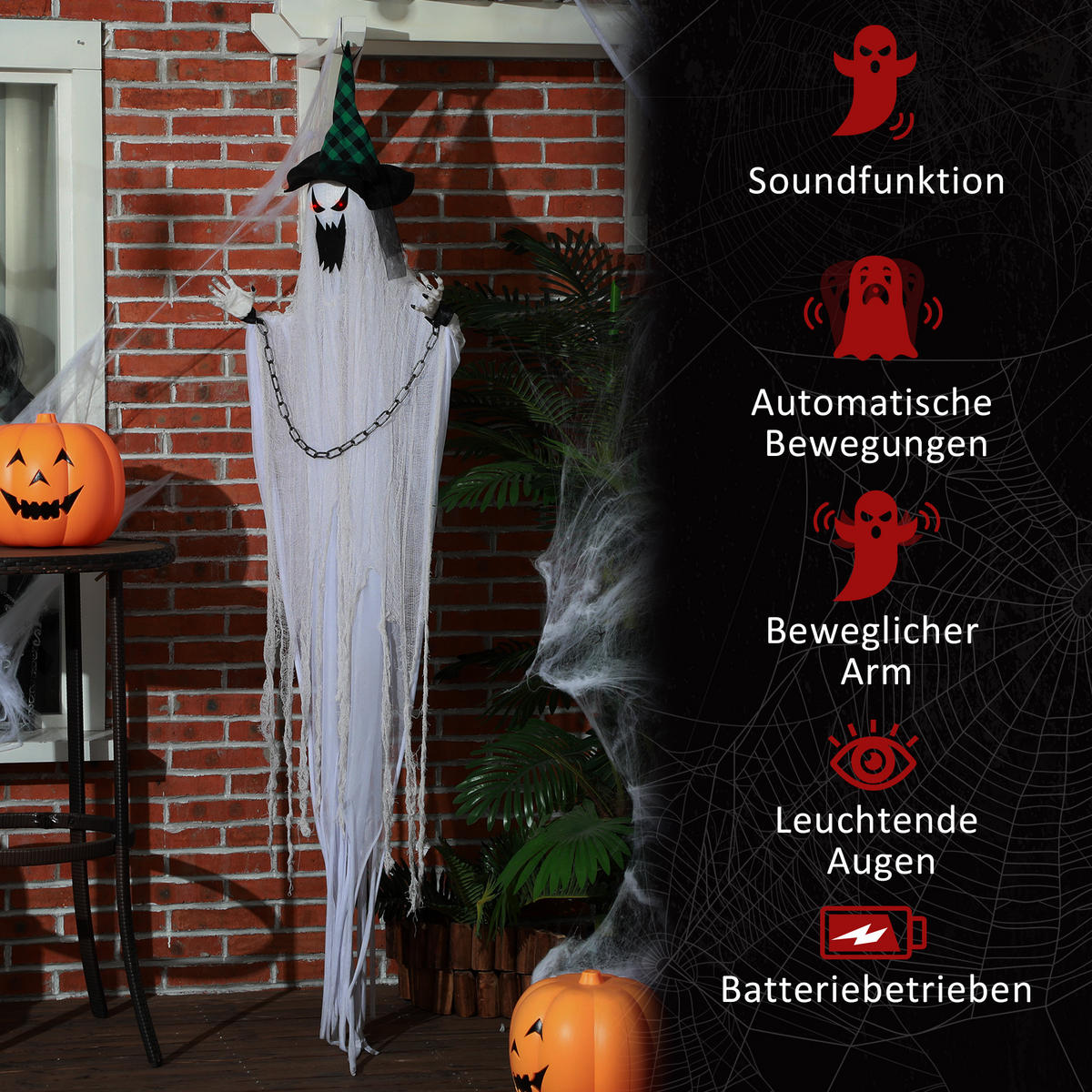 HALLOWEEN-DEKORATION hängender Geist 204 cm mit Geräuschaktivierung, Soundfunktion - Multicolor, Textil (16/204/88cm) - HOMCOM