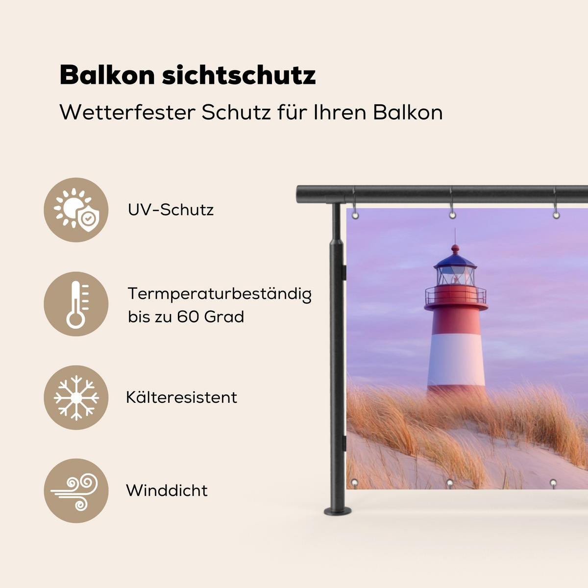 BALKON-SICHTSCHUTZ Leuchtturm - Dünen - Sonnenuntergang 300x100 cm - Hellrosa, Kunststoff (300/100cm) - MuchoWow