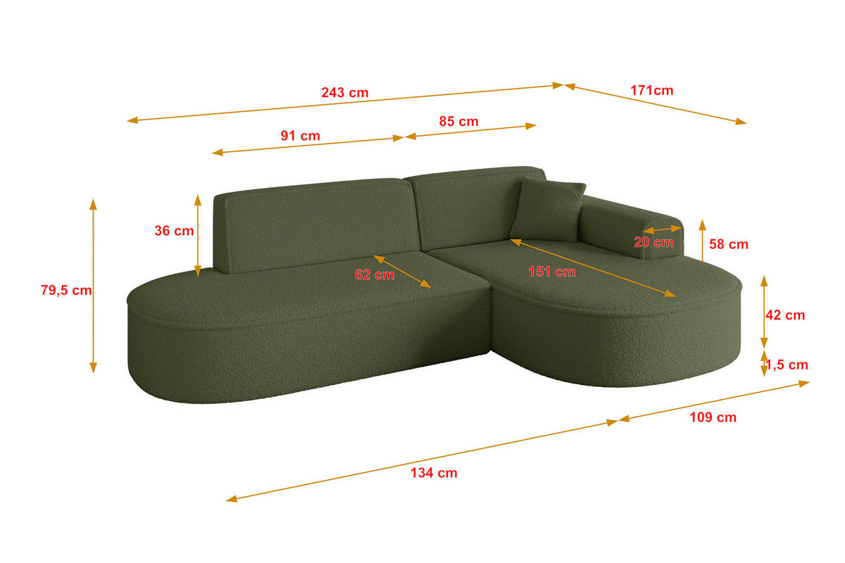ECKSOFA Ottomane Rechts MARI-L1 - 243x171x79 cm Grün Bouclé - Schwarz/Grün, Holzwerkstoff/Kunststoff (234/163cm) - ALTDECOR