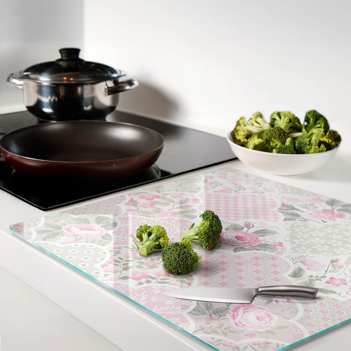 GLASPLATTE 60x52 cm Rosen und Ornamente - Pink, Glas (60/0.4/52cm) - TULUP