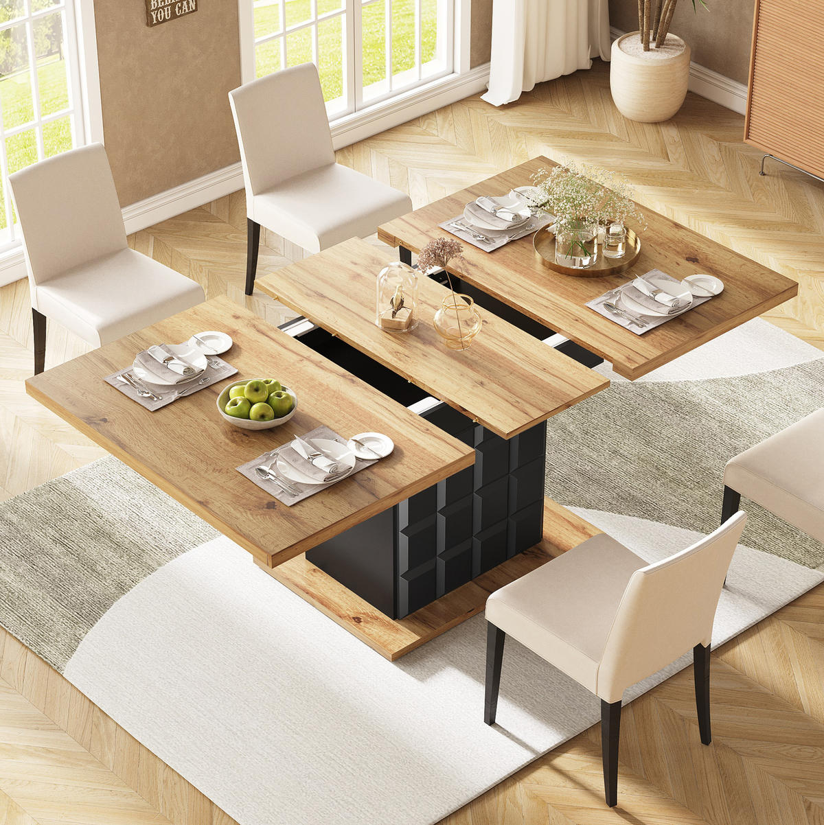 JÍDELNÍ stůl 110-140/80/75 cm černá/přírodní z MDF a kovu s rozkládáním a úložným prostorem - černá, kompozitní dřevo (110/80/75cm) - OKWISH