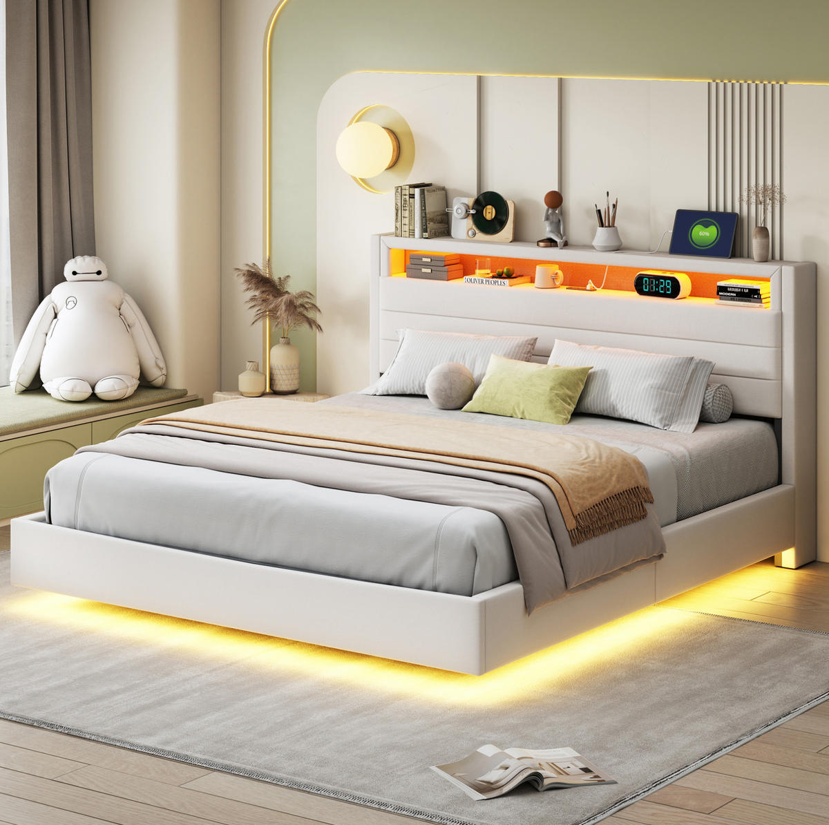 POLSTERBETT 160/200 cm in Beige mit Stauraum, LED-Beleuchtung und USB-Anschluss - Beige, Textil (160/200cm) - Flora Grace