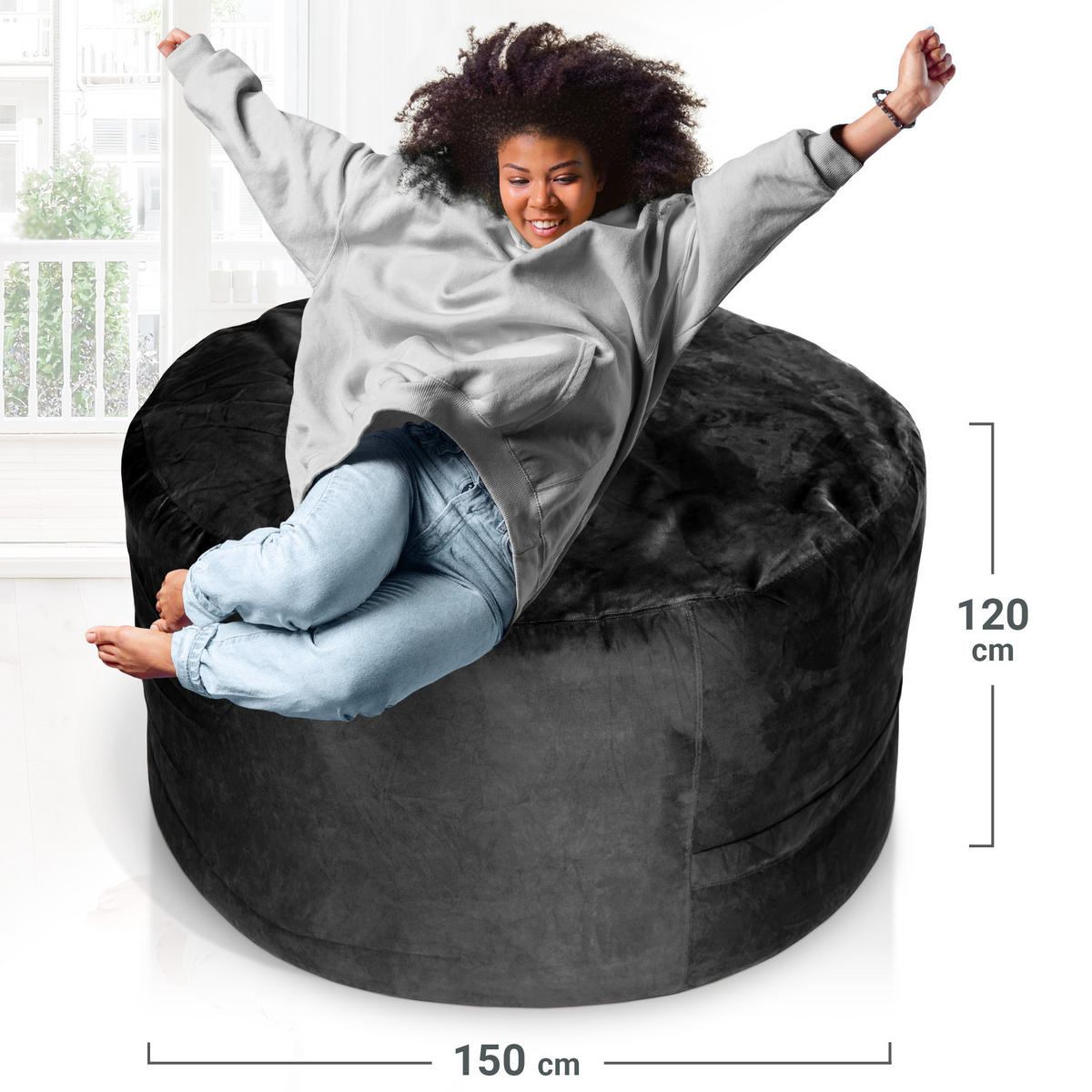 RIESEN-SITZSACK XXL JUMBO Velours 5ft - Schwarz, Textil (150/120/150cm) - Green Bean