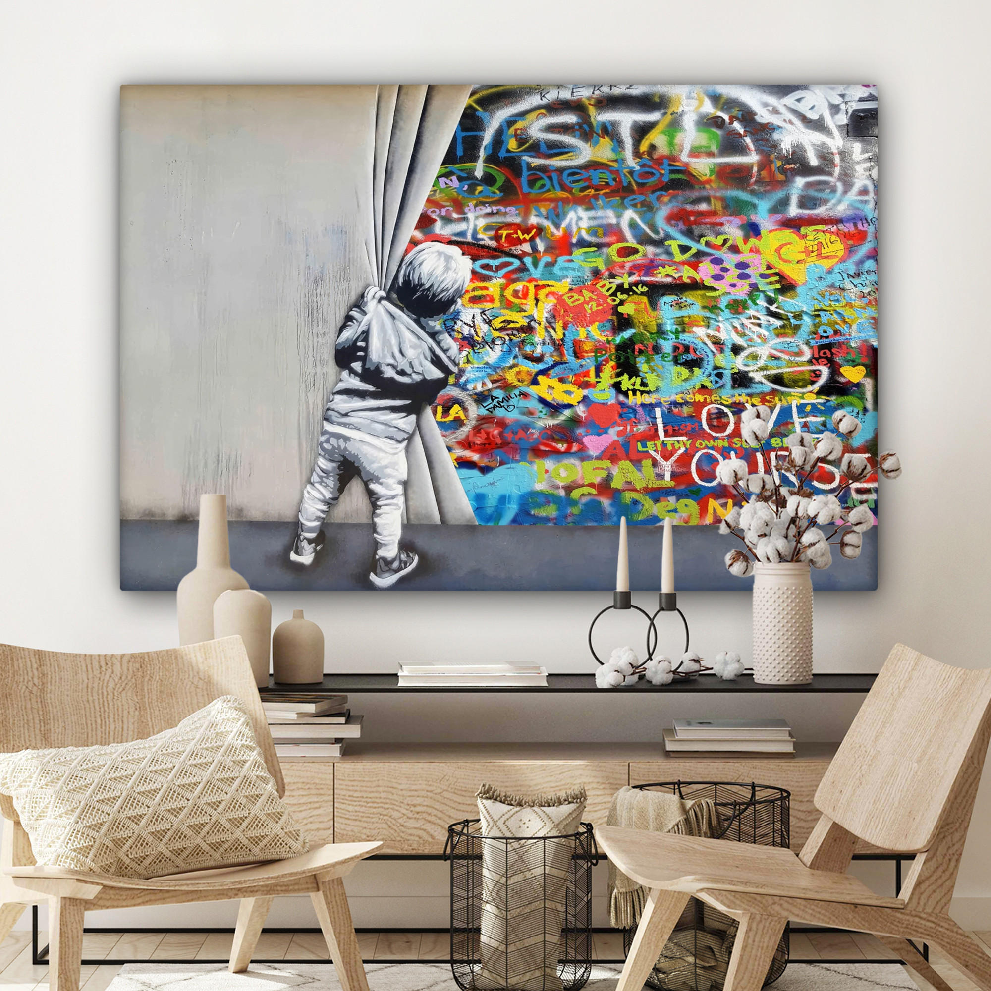 LEINWANDBILD Graffiti - Junge - Ilussie - Straßenkunst XXL 150x100 cm - Hellgrau, Textil (150/100cm) - MuchoWow