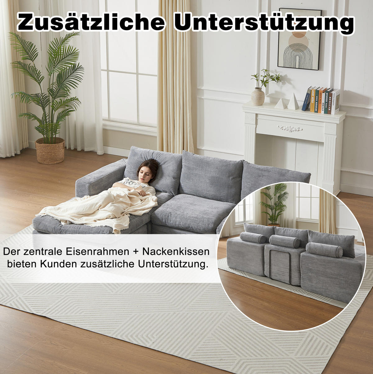 ECKSOFA 251/160/81 cm hellgrau aus Cord mit Chaiselongue, 4 Modulen und 3 Kissen - Hellgrau, Textil (160/251cm) - OKWISH