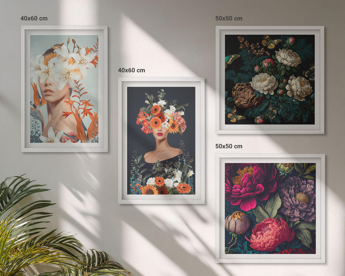 BILDER SET 4er Set - 50x50 cm & 40x60 cm Weißer Rahmen - Blumenporträts, Sträuße, Blätter - Weiß, Kunststoff (50/50cm) - TULUP