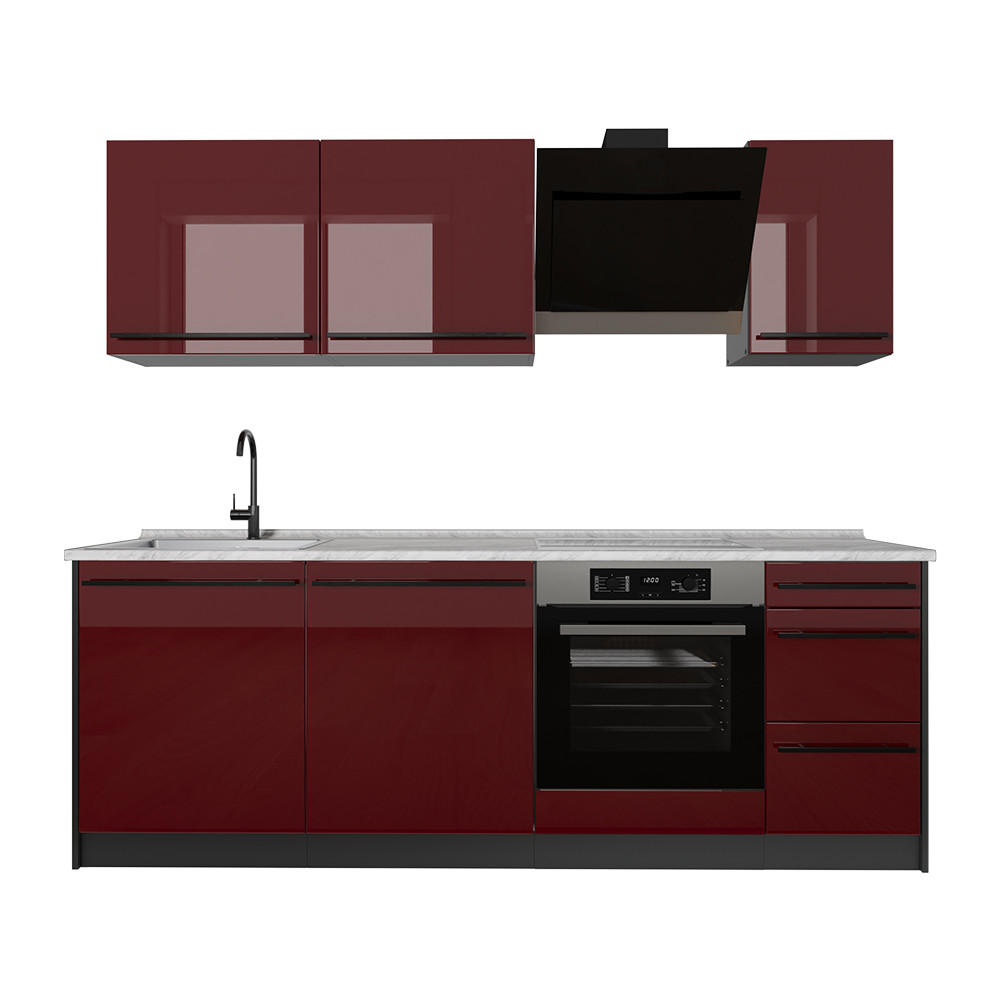 KÜCHENZEILE R-Line, Rot Hochglanz/Anthrazit, 220 cm Arbeitsplatte Marmor - Anthrazit/Rot, Holzwerkstoff (220/81.6/60cm) - Vicco