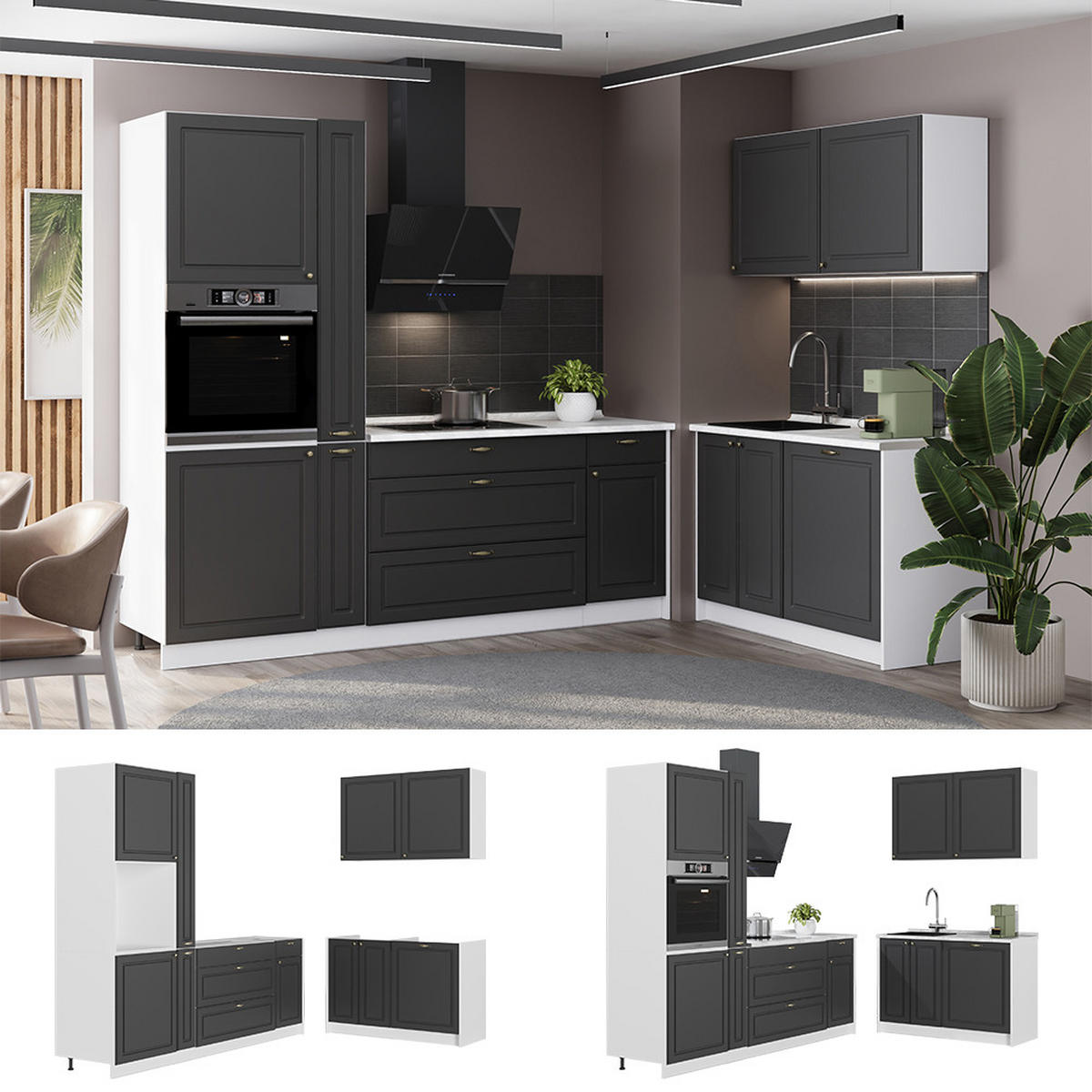 KUCHYNĚ Fame-Line, Anthrazit-Gold Landhaus/Bílá, 220 x 120 cm, PD Mramor - bílá/antracitová, kompozitní dřevo (220/206.8/60cm) - Vicco
