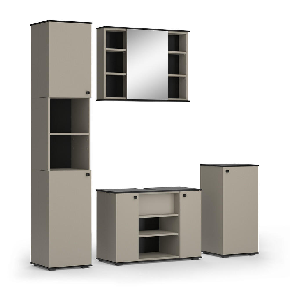 BADMÖBEL-SET Joli Greige 4 Teile, mit Hochschrank und Midischrank - Greige/Schwarz, Holzwerkstoff (80/59/37cm) - Vicco