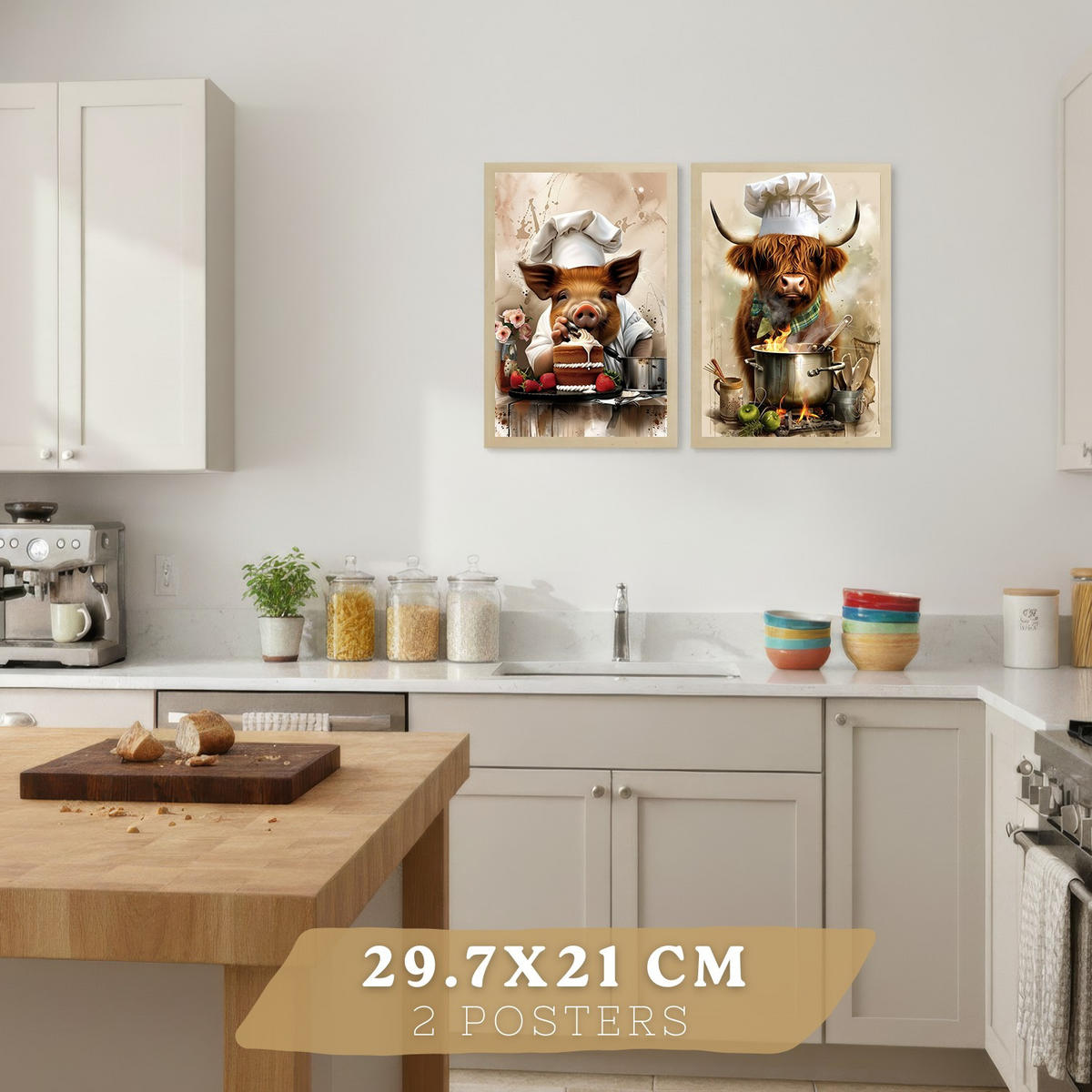 PLAKAT Sada 4 Zvířata vařící A4 Lehký dřevěný rám - béžová, papír (29.7/1/21cm) - Nacnic