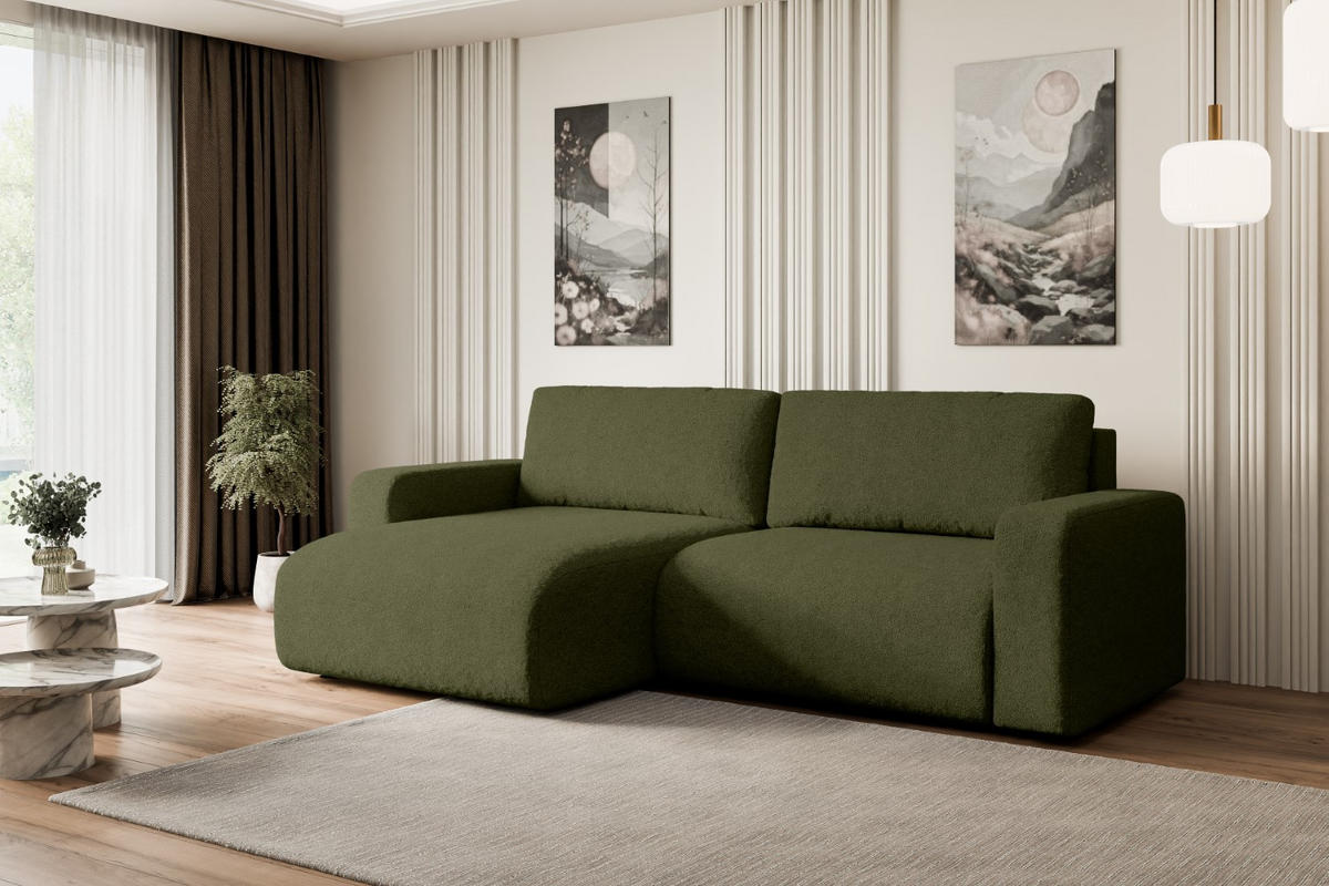 ECKSOFA mit Schlaffunktion und Bettkasten KLEEA-L - 247x143x83 cm Grün Bouclé - Schwarz/Grün, Holzwerkstoff/Kunststoff (247/143cm) - ALTDECOR