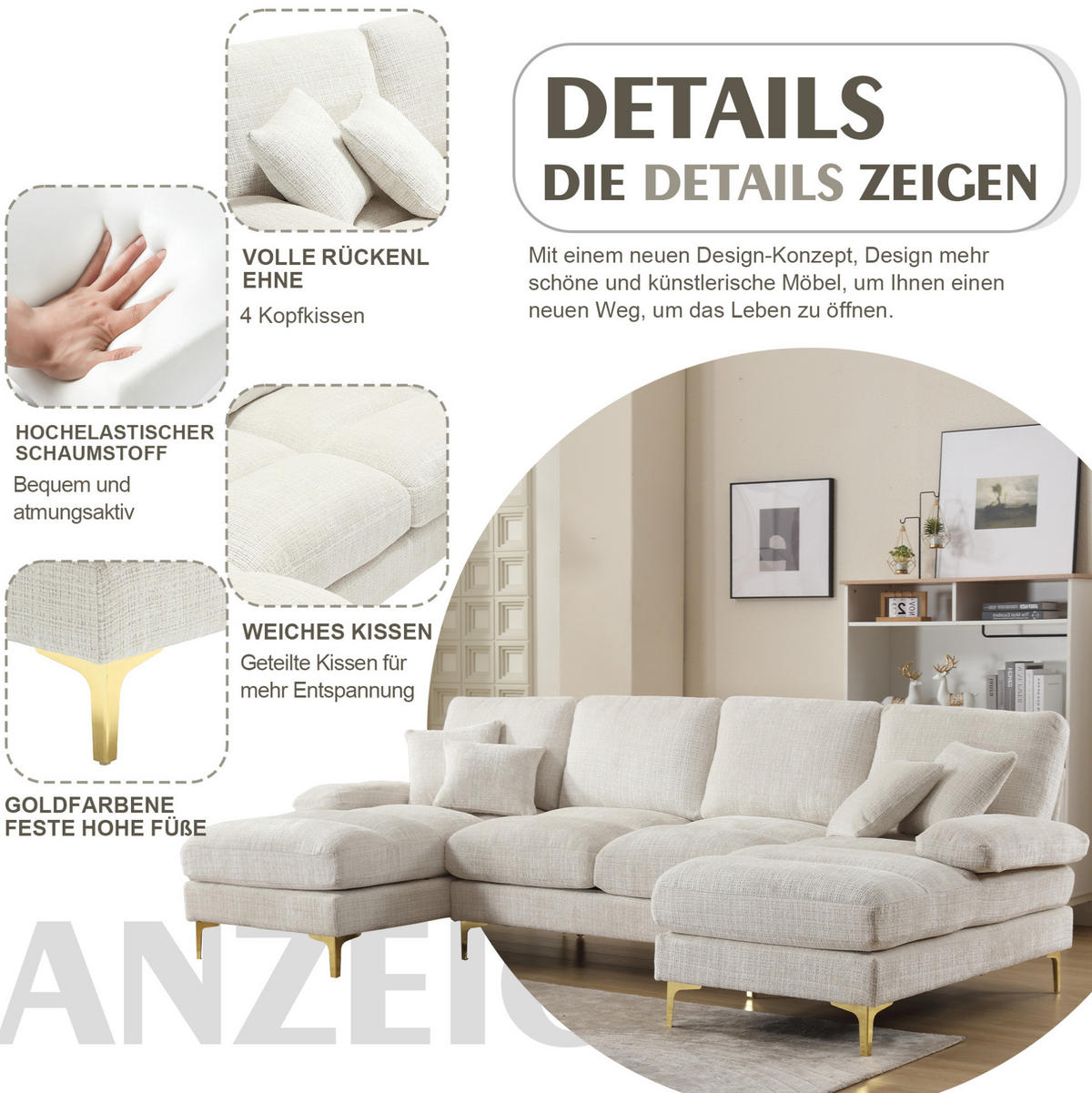 SEDACIA zostava z chenille, 272/136/88 cm béžová, v tvare U s 2 ležadlami - béžová, textil (136/88/272cm) - BEAOK